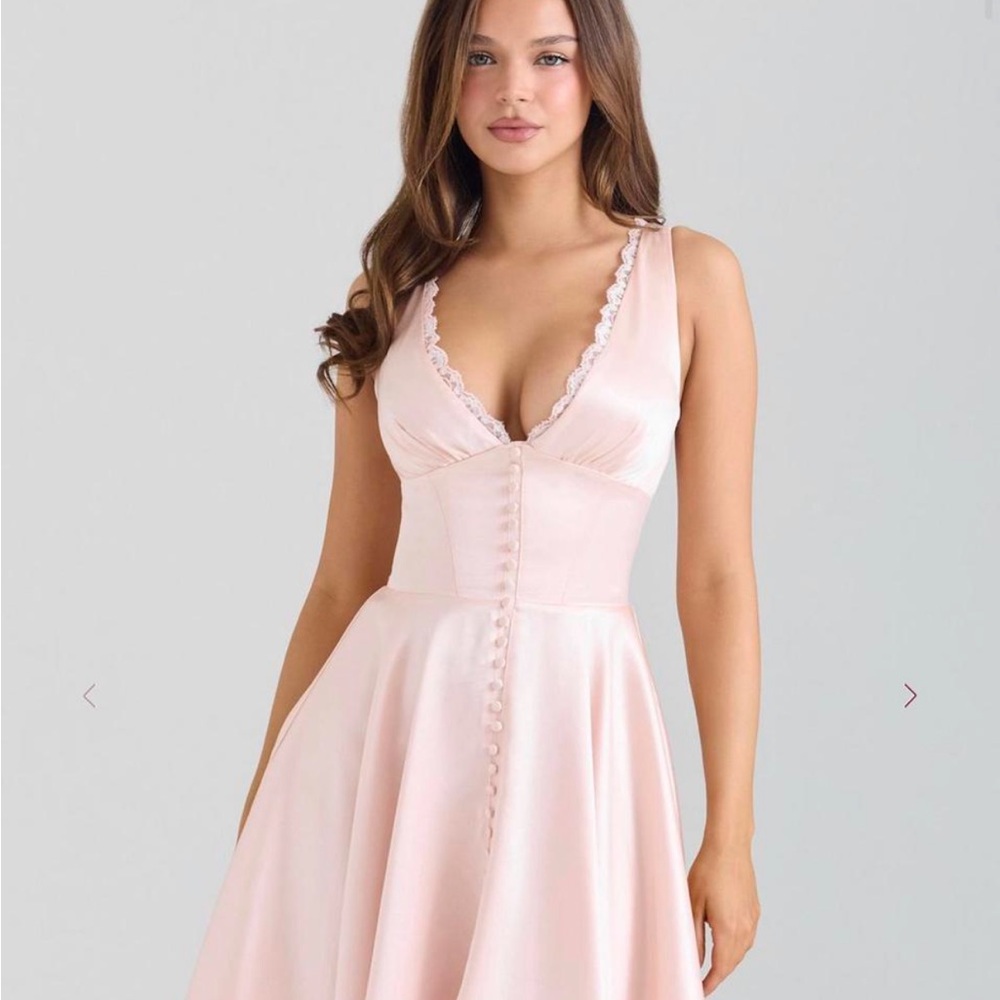 House of CB Sabella - Blush Satin Corset Mini Dress Lace Trim Fit Flare Romantic